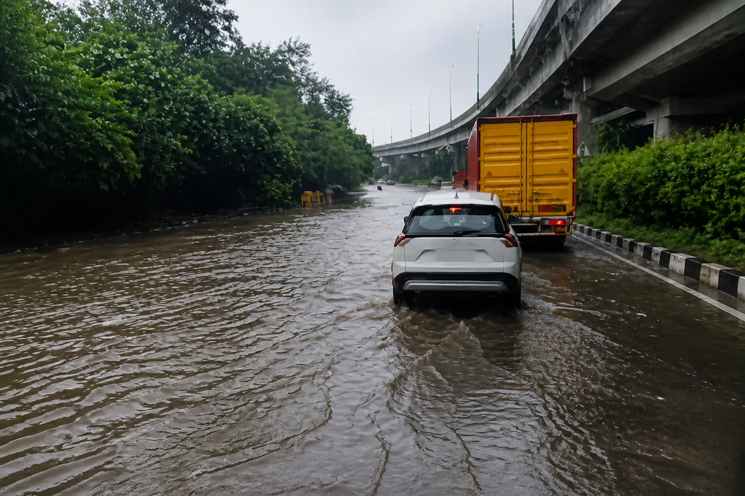 दिल्ली में बारिश के बाद जलभराव, सुब्रतो पार्क के पास सड़क पर भरा पानी