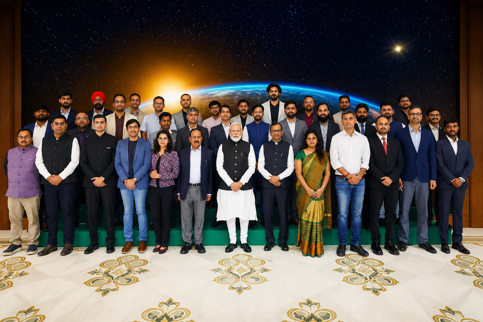 An AI Enhanced visual related to Modi meets Indian space startups, highlights private-sector ambitions.