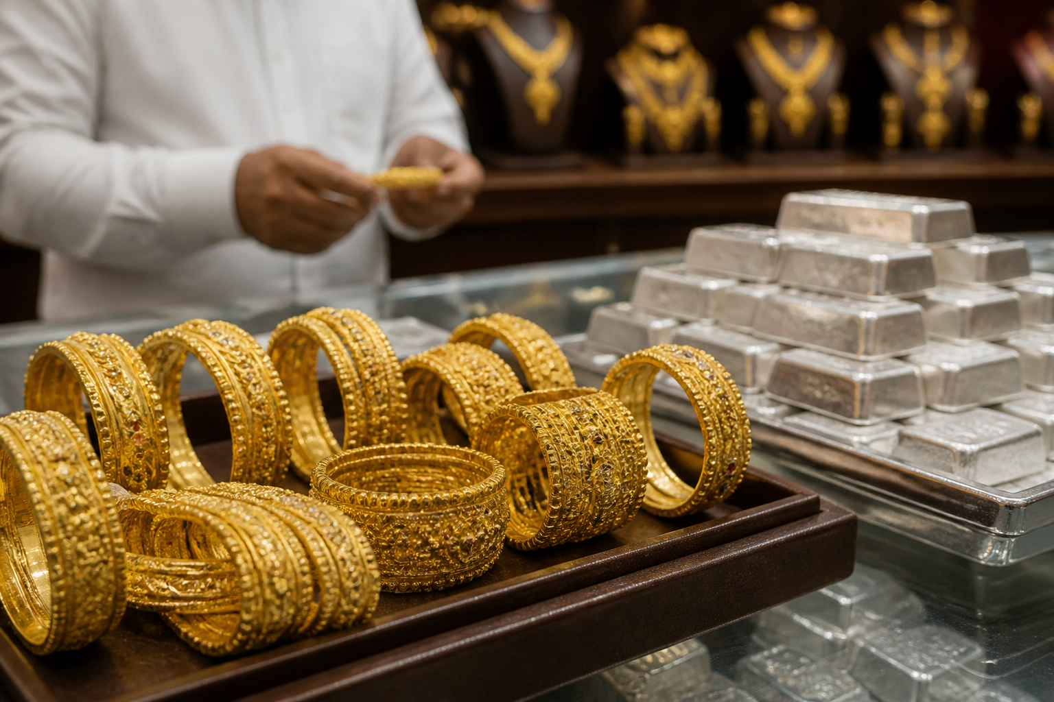 Gold price drops ₹2,150 to ₹1,58,100 per 10 grams as silver rises in Delhi