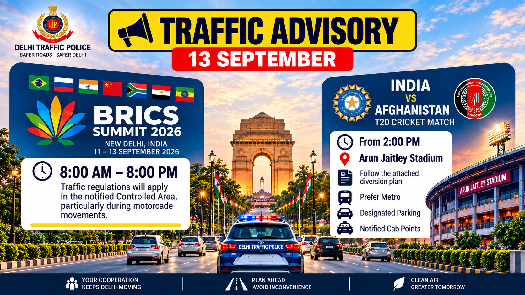 13 सितंबर को दिल्ली में BRICS Summit और India-Afghanistan T20, ट्रैफिक पुलिस ने जारी की एडवाइजरी