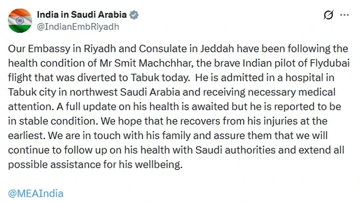 Indian Flydubai Pilot Smit Machchhar Stable After Flight Diverted to Tabuk
