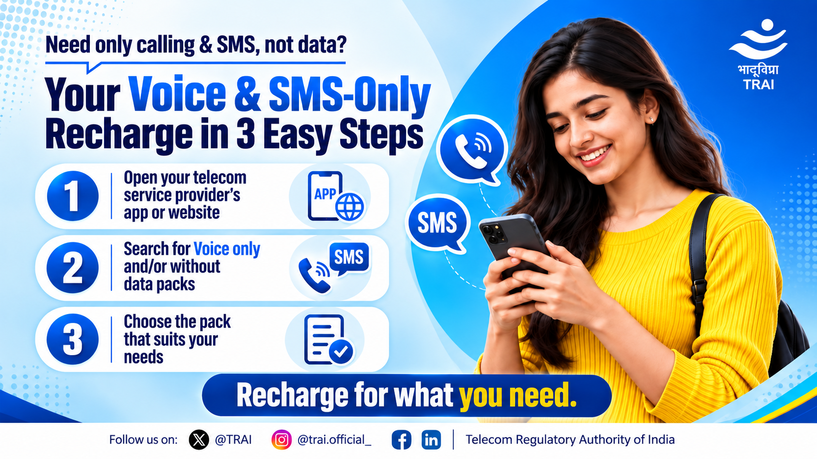 TRAI ने बिना डेटा वाले Voice और SMS रिचार्ज खोजने के बताए 3 आसान स्टेप