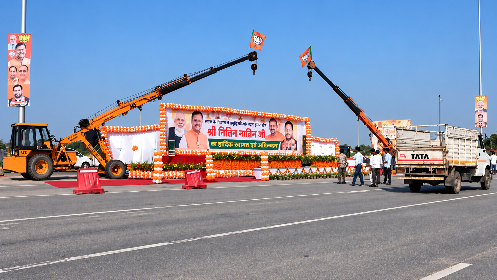 मेरठ में नितिन नबीन के स्वागत के लिए टोल प्लाजा पर बुलडोजर सजाए गए
